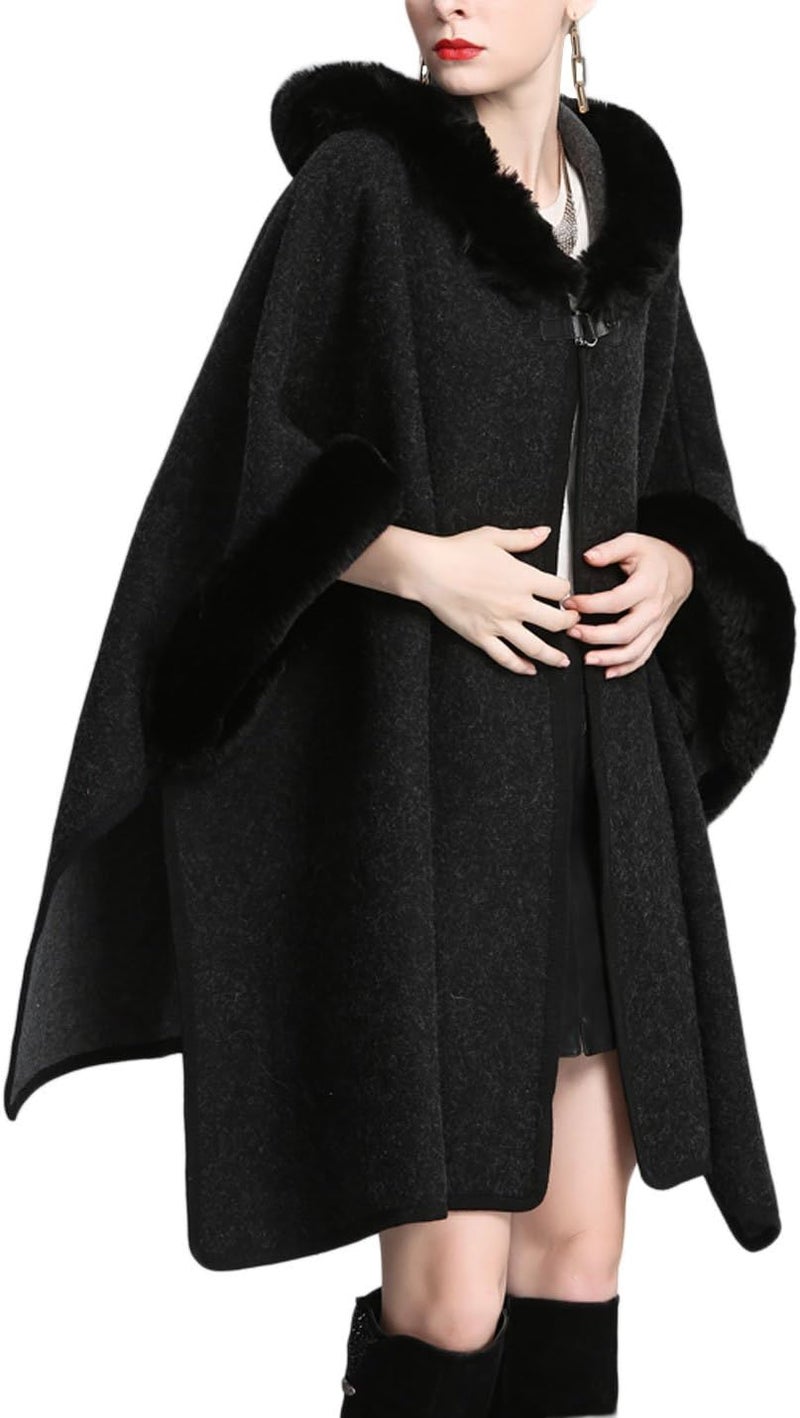 Women's Luxury Batwing Sleeve Faux Fur Hooded Cloak Poncho Sweater Cape
